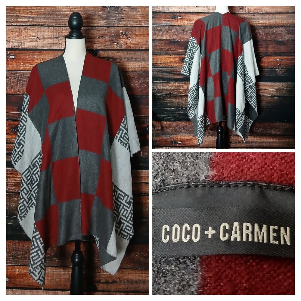 Coco + Carmen Ruana Wrap Shawl One Size Bohemian Maroon Gray Check